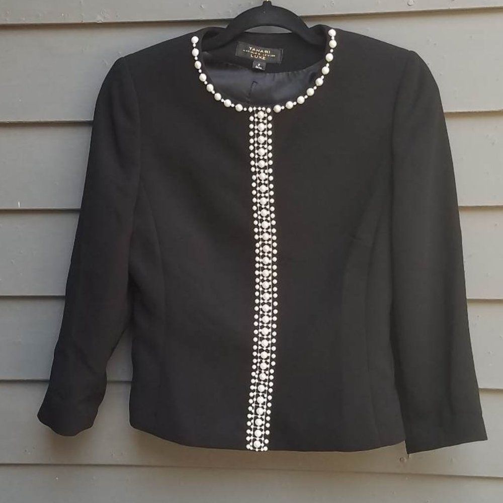 Tahari Black Jacket with Faux Pearl Trim size 6